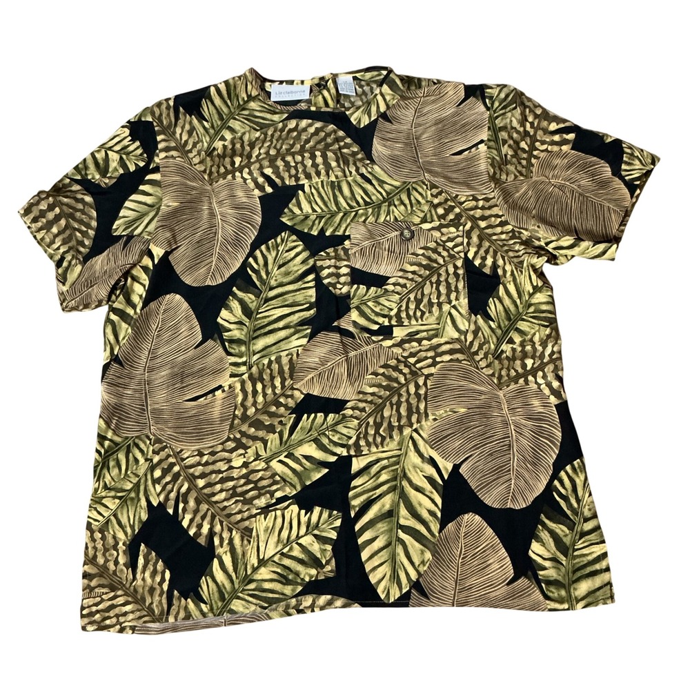 VTG Liz Claiborne Bohemian 100% Silk Tropical Palm Leaf Print Blouse Sz 12